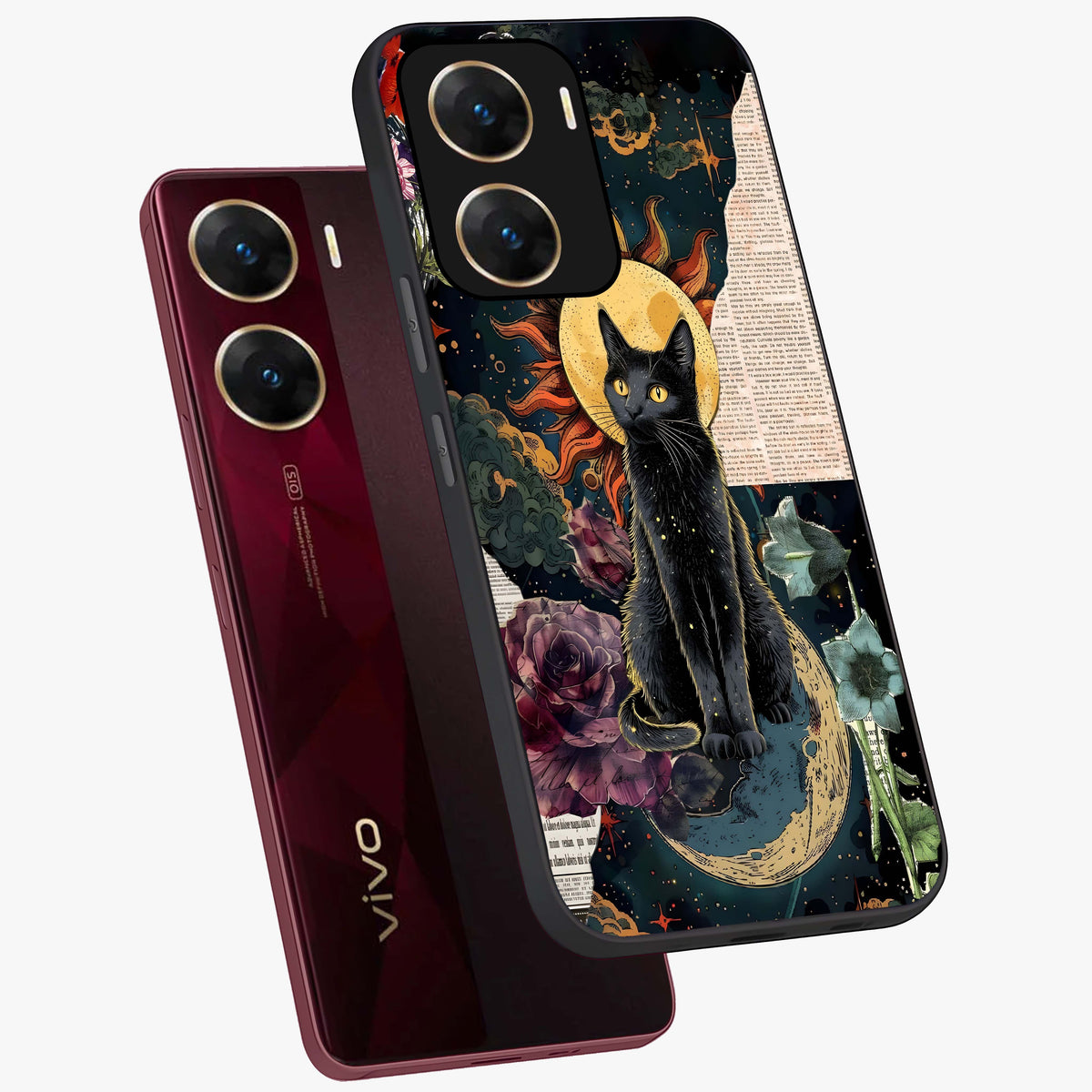 Celestial Black Cat Glass Case displayed in angled mockup highlighting cosmic black cat design with celestial aesthetic.