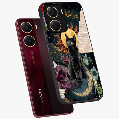Celestial Black Cat Glass Case displayed in angled mockup highlighting cosmic black cat design with celestial aesthetic.
