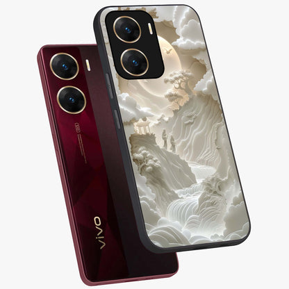 Celestial Origami Glass Case displayed in angled mockup highlighting geometric origami design with cosmic aesthetic theme.