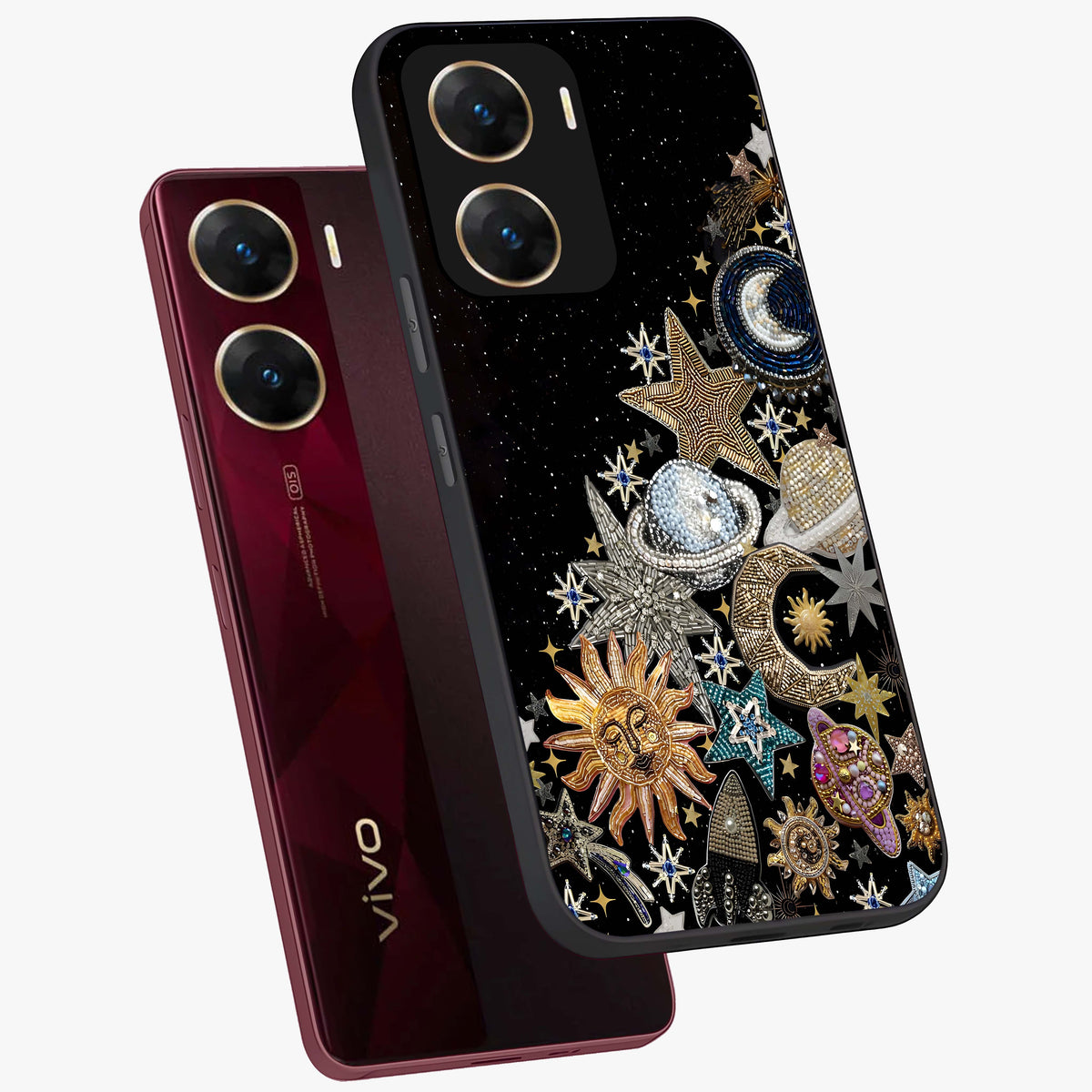 Cosmic Sparkle Dreams Glass Case displayed in angled mockup highlighting dreamy star sparkle design with celestial aesthetic.
