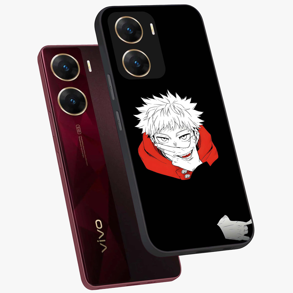 Crimson Chaos Smile Glass Case displayed in angled mockup highlighting edgy crimson smile design with graphic aesthetic.