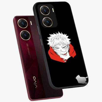 Crimson Chaos Smile Glass Case displayed in angled mockup highlighting edgy crimson smile design with graphic aesthetic.