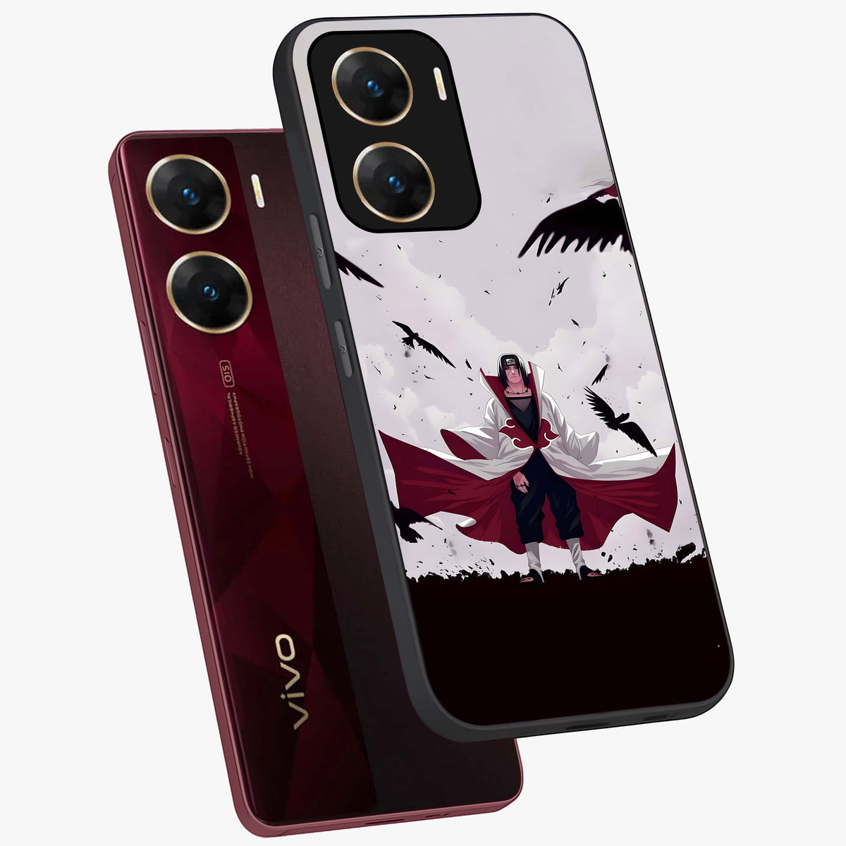 Crimson Crow Ascension Glass Case displayed in angled mockup highlighting powerful crow illustration with dark crimson aesthetic.