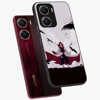 Crimson Crow Ascension Glass Case displayed in angled mockup highlighting powerful crow illustration with dark crimson aesthetic.