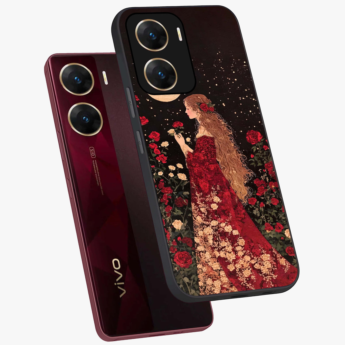 Crimson Dreams Glass Case displayed in angled mockup highlighting soft crimson aesthetic design with artistic theme.