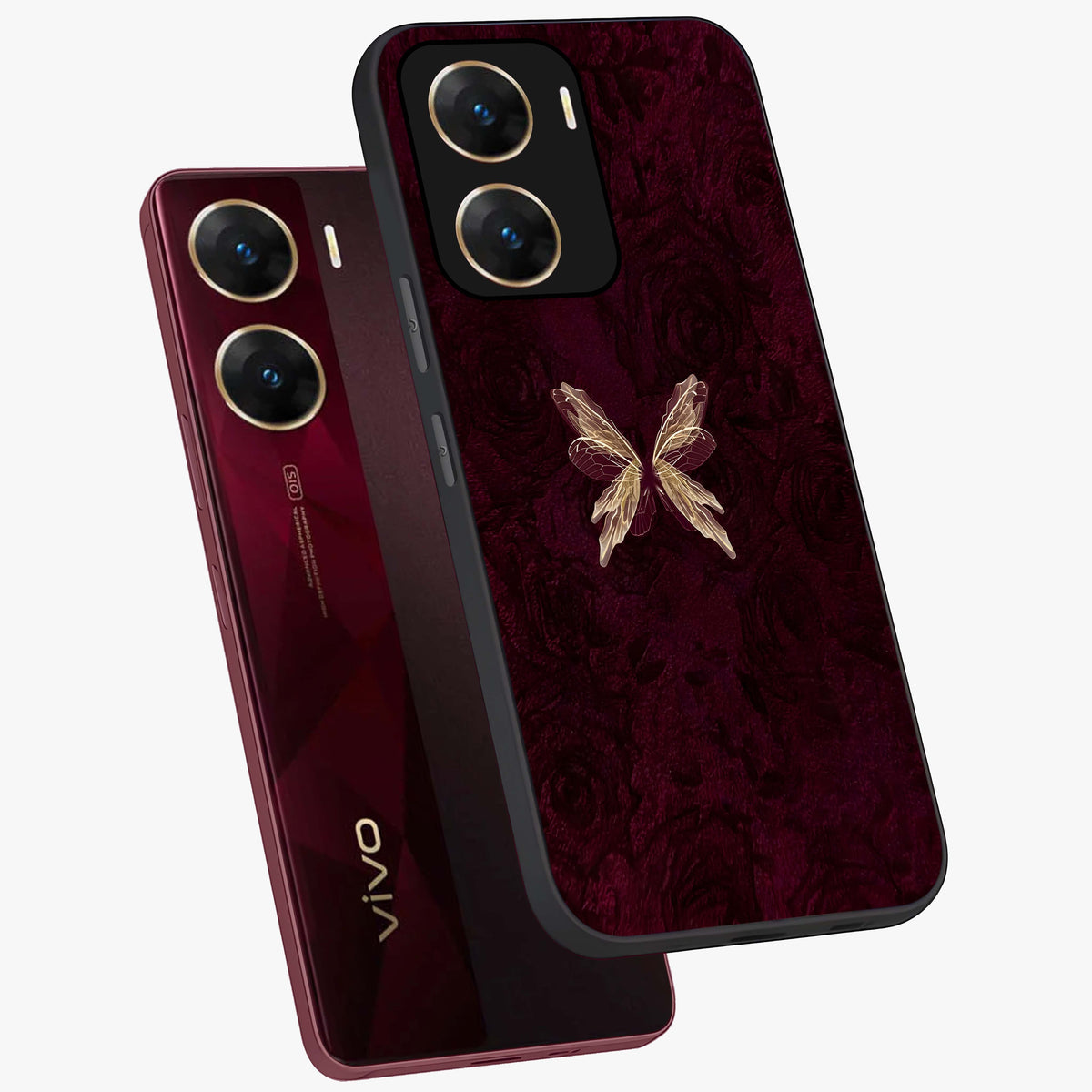 Crimson Fade Butterfly Glass Case displayed in angled mockup highlighting elegant butterfly design with crimson gradient aesthetic.
