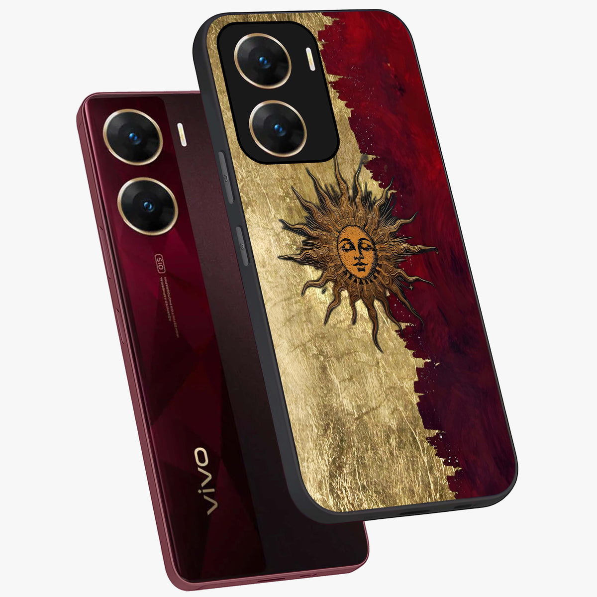 Crimson Sun Majesty Glass Case displayed in angled mockup highlighting majestic crimson sun design with bold aesthetic style.