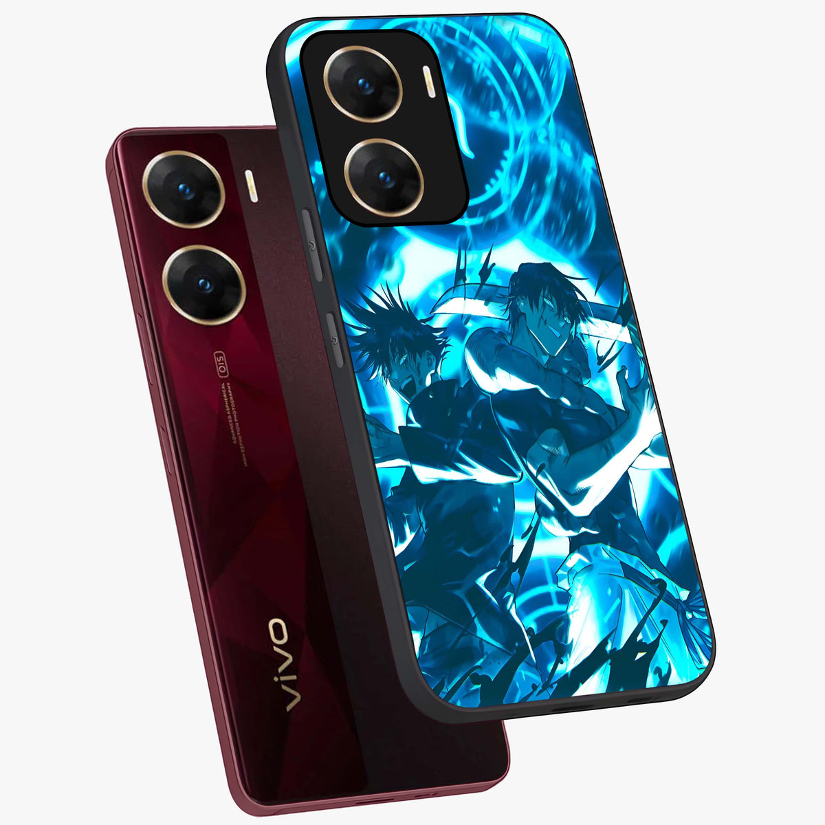 Cursed Energy Clash Glass Case displayed in angled mockup highlighting powerful battle inspired graphic with anime style aesthetic.