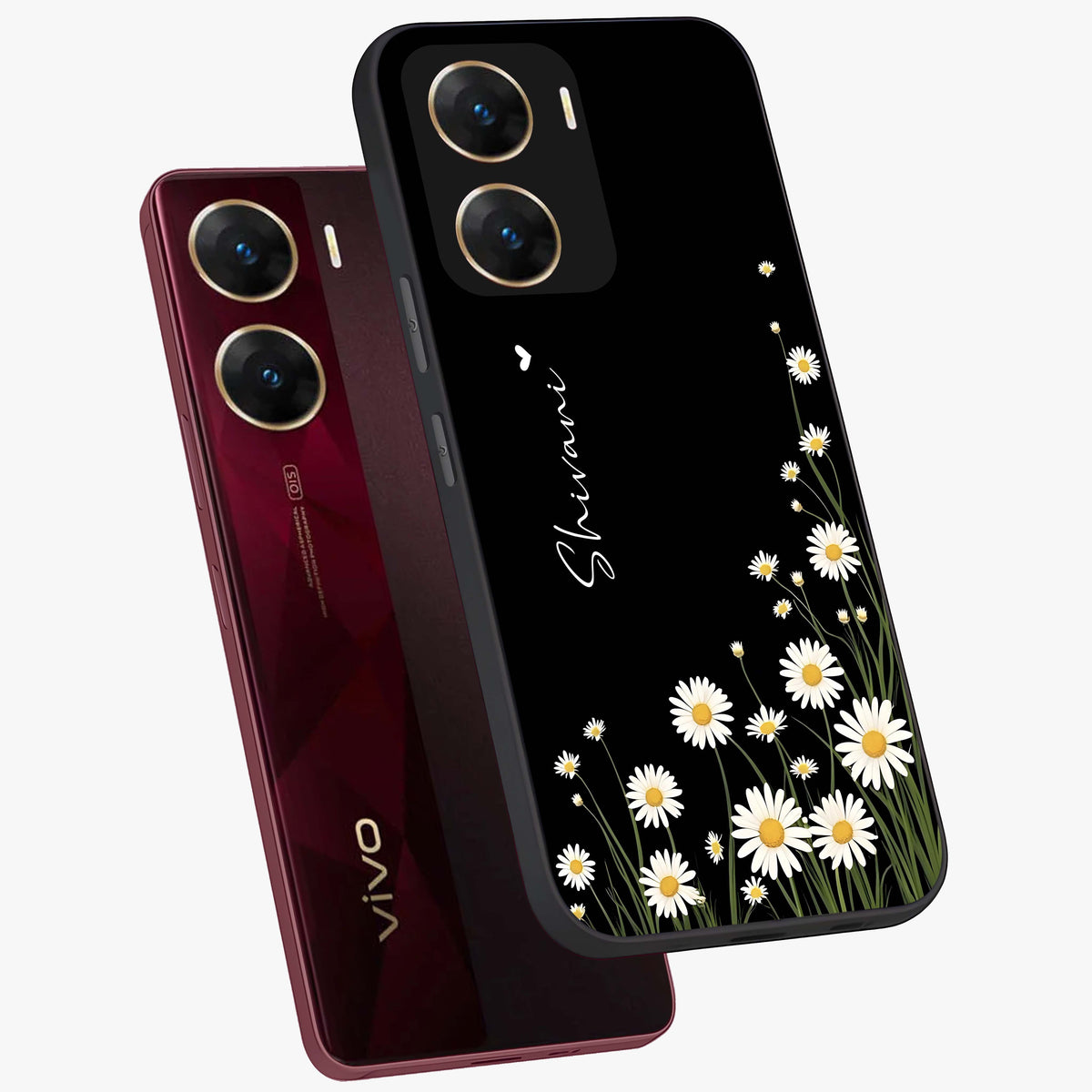 Daisy Cascade Custom Name Glass Case displayed in angled mockup highlighting delicate daisy artwork with custom name feature.
