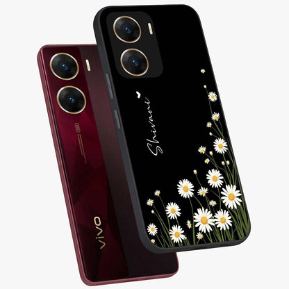 Daisy Cascade Custom Name Glass Case displayed in angled mockup highlighting delicate daisy artwork with custom name feature.
