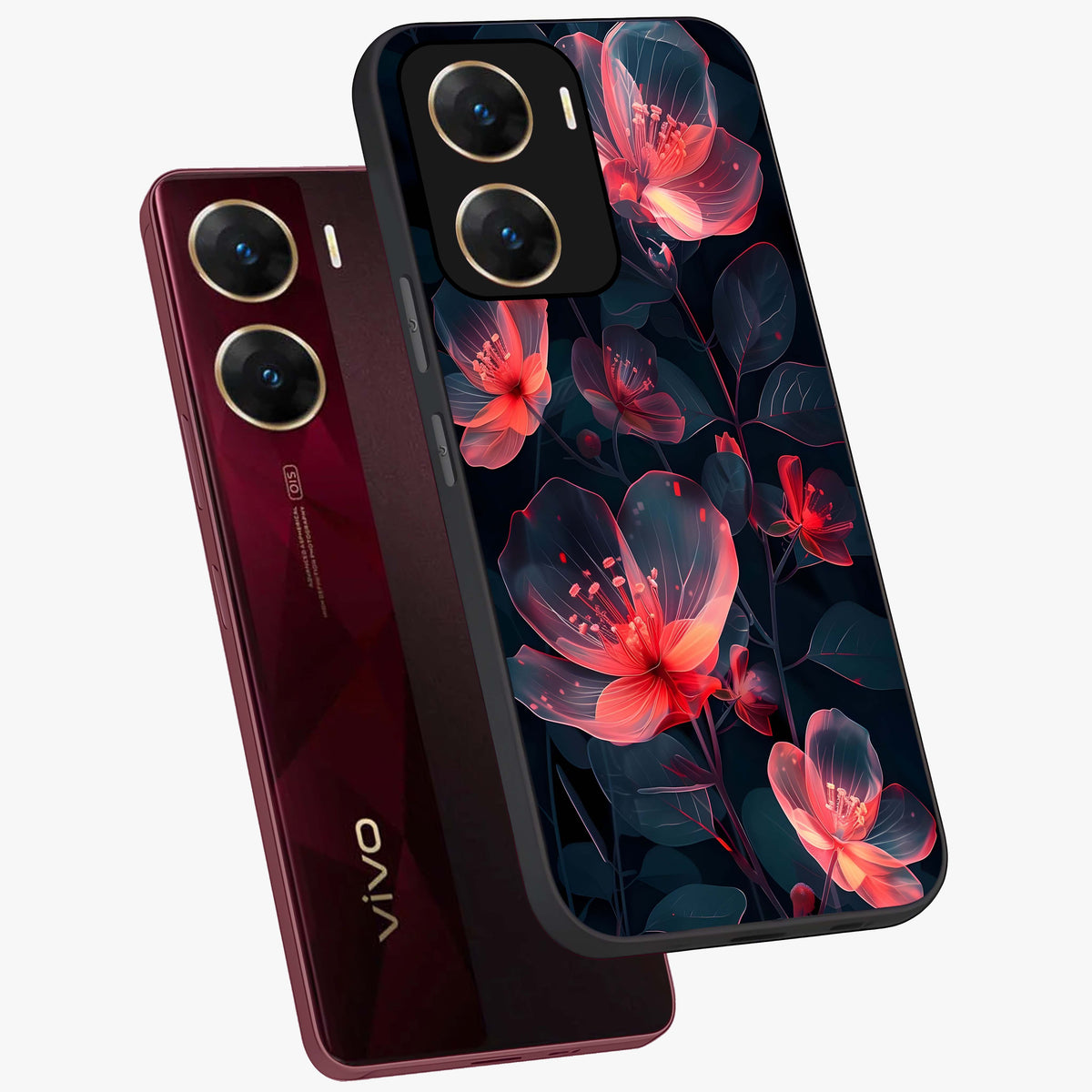 Dark Shade of Flower Glass Case displayed in angled mockup highlighting moody floral illustration with aesthetic dark tones.