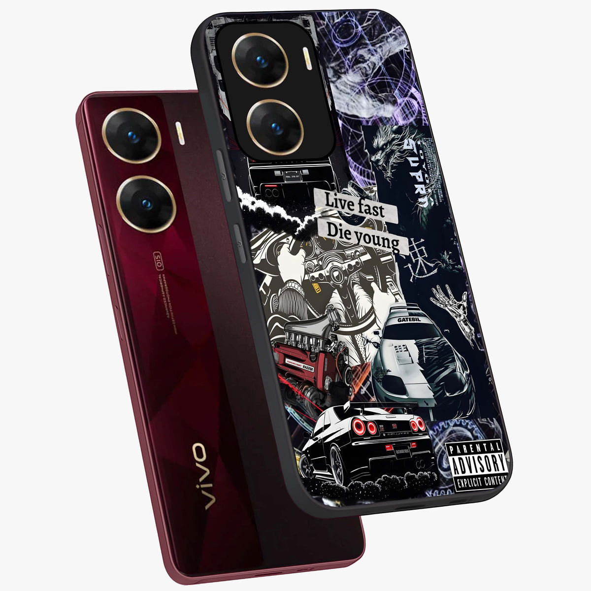 Die Young Glass Case displayed in angled mockup highlighting expressive graphic artwork with edgy aesthetic style.