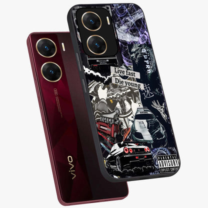 Die Young Glass Case displayed in angled mockup highlighting expressive graphic artwork with edgy aesthetic style.