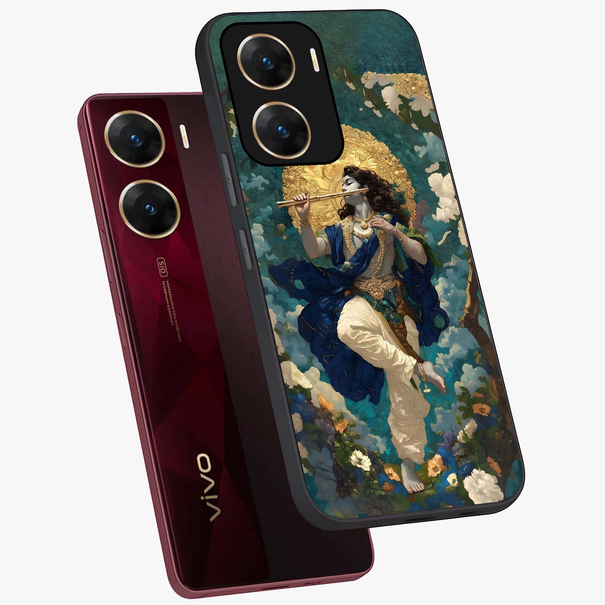 Divine Krishna Art Glass Case displayed in angled mockup highlighting spiritual Krishna illustration with devotional aesthetic.