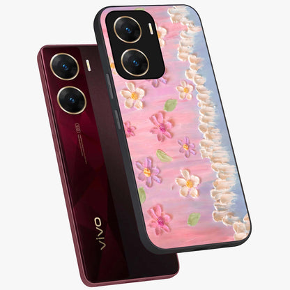 Dreamy Painted Garden Glass Case displayed in angled mockup highlighting colorful garden illustration with dreamy aesthetic style.
