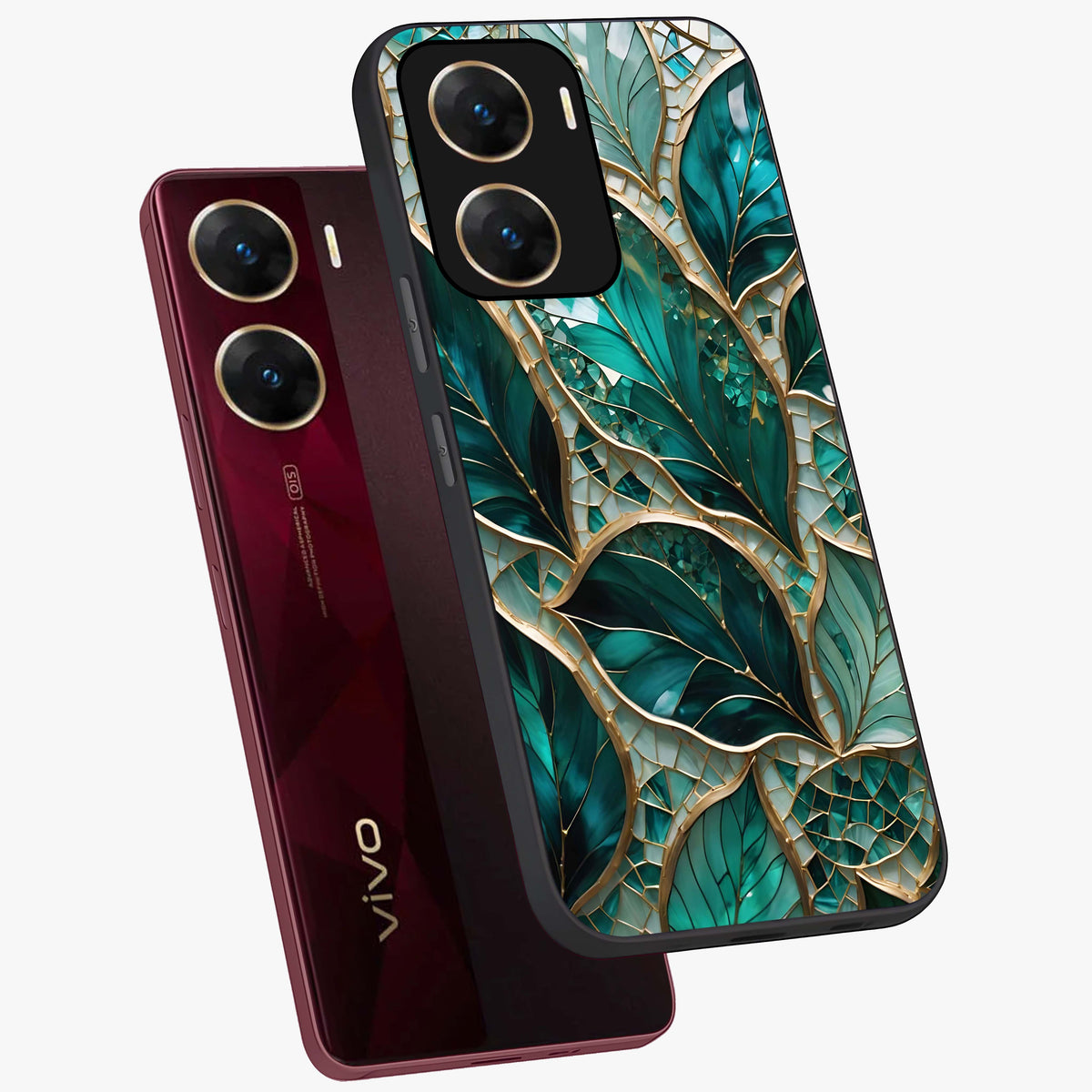 Emerald Leaf Glass Glass Case displayed in angled mockup highlighting botanical leaf illustration with elegant natural aesthetic.