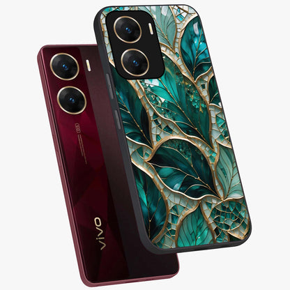Emerald Leaf Glass Glass Case displayed in angled mockup highlighting botanical leaf illustration with elegant natural aesthetic.