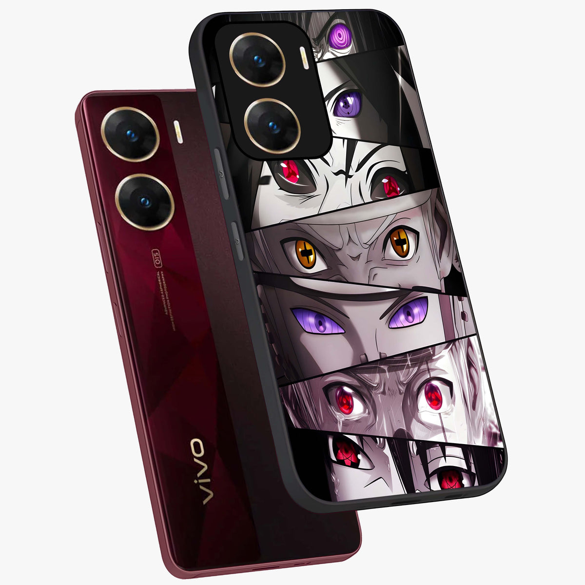 Eyes of Destiny Glass Case displayed in angled mockup highlighting bold eye illustration with mystical aesthetic style.