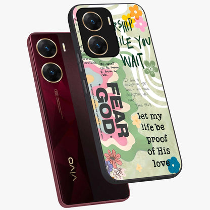 Faith Over Fear Glass Case displayed in angled mockup highlighting inspirational message design with modern aesthetic style.