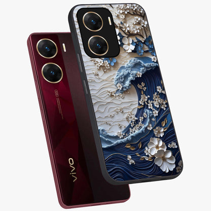 Floral Wave Origami Glass Case displayed in angled mockup highlighting geometric origami flower design with modern aesthetic style.