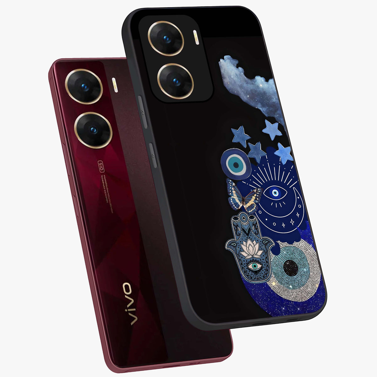Galactic Charm Cluster Glass Case displayed in angled mockup highlighting luminous galaxy inspired design with dreamy aesthetic.