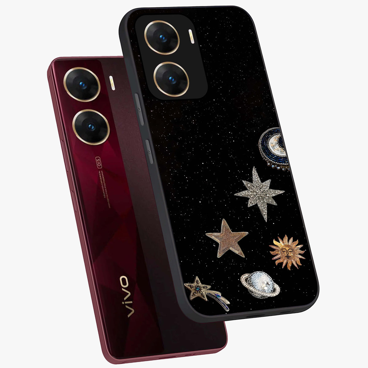 Galactic Charm Glow Glass Case displayed in angled mockup highlighting luminous galaxy inspired design with dreamy aesthetic.