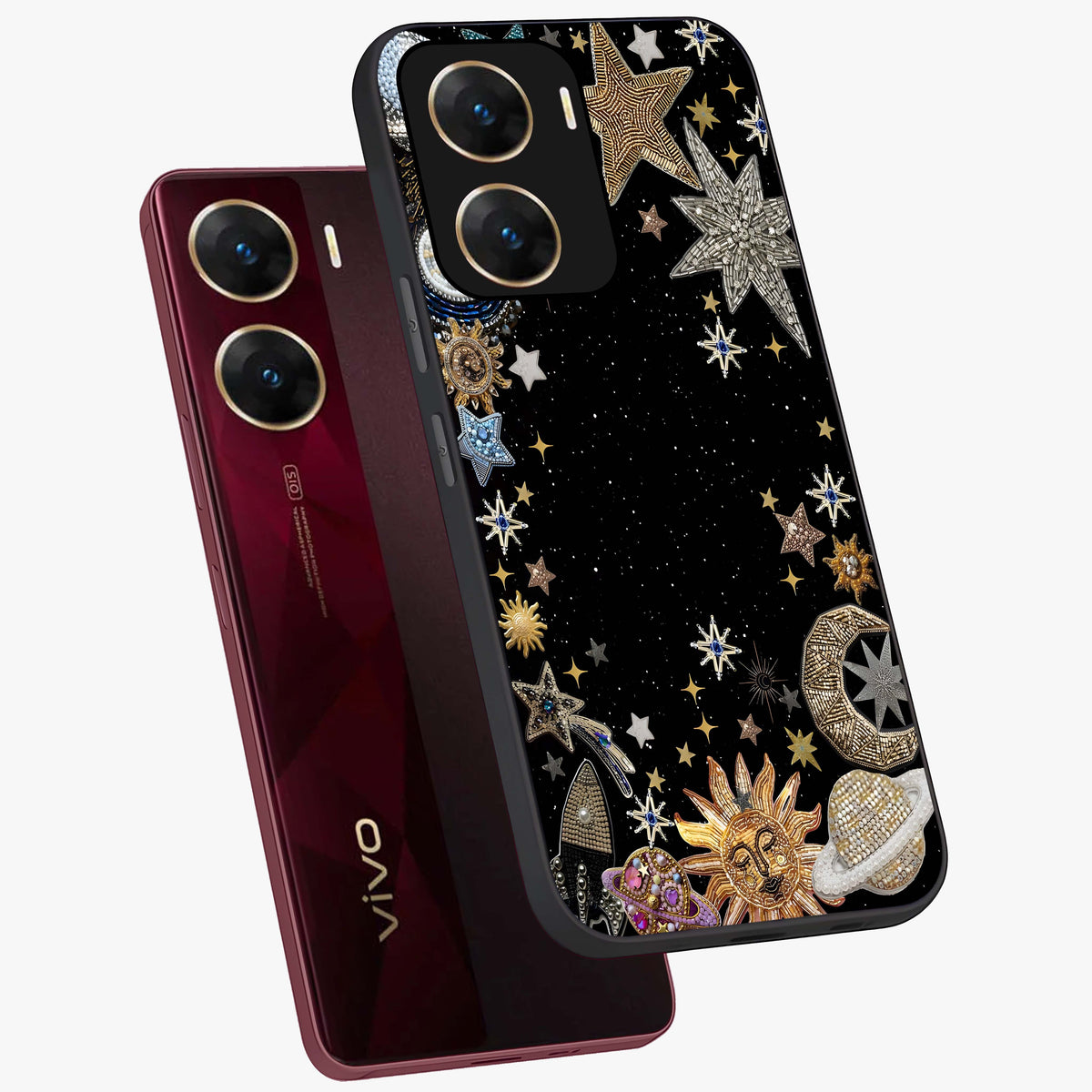 Galactic Jewel Stars Glass Case displayed in angled mockup highlighting shining celestial star design with cosmic aesthetic style.