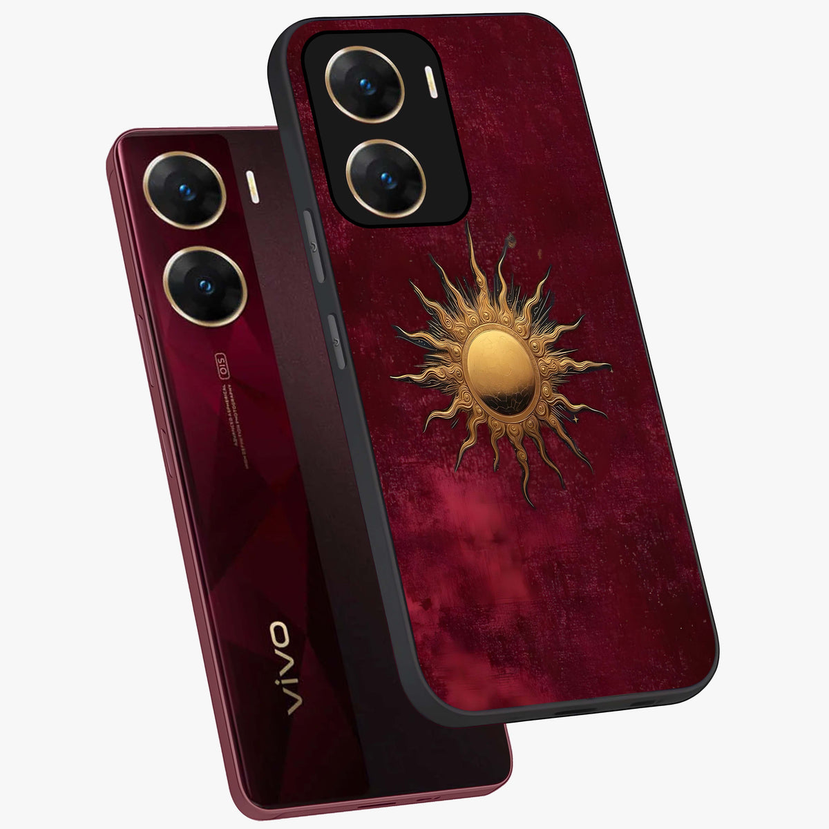 Golden Sun Minimalism Glass Case displayed in angled mockup highlighting clean sun symbol design with modern minimal aesthetic.