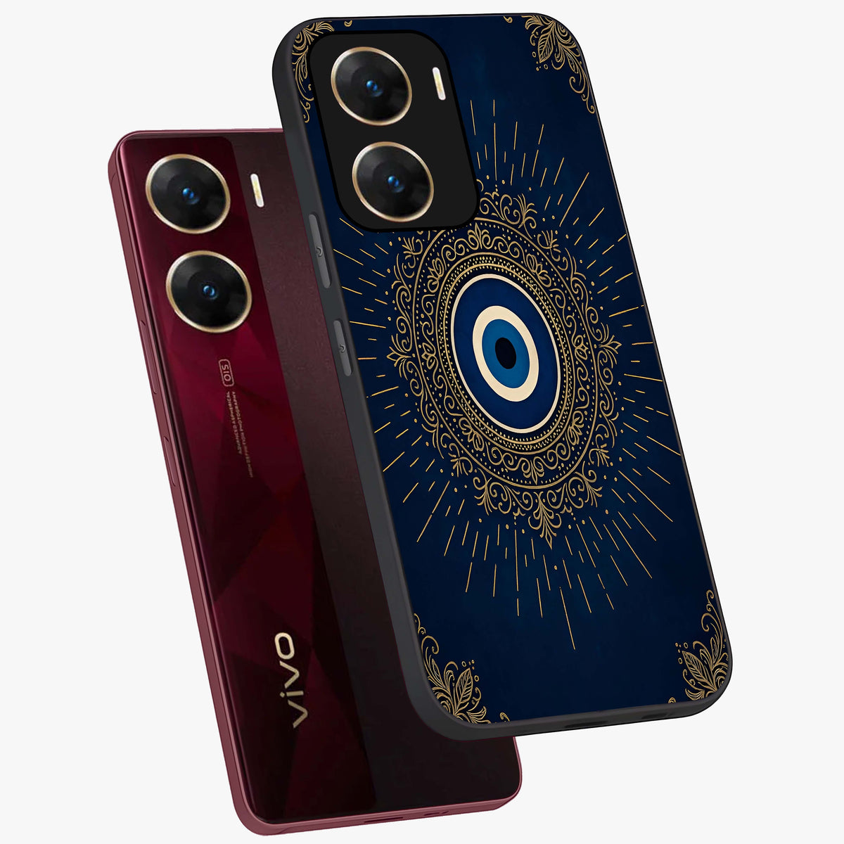 Golden Celestial Charm Glass Case displayed in angled mockup highlighting sparkling cosmic charm design with celestial aesthetic.