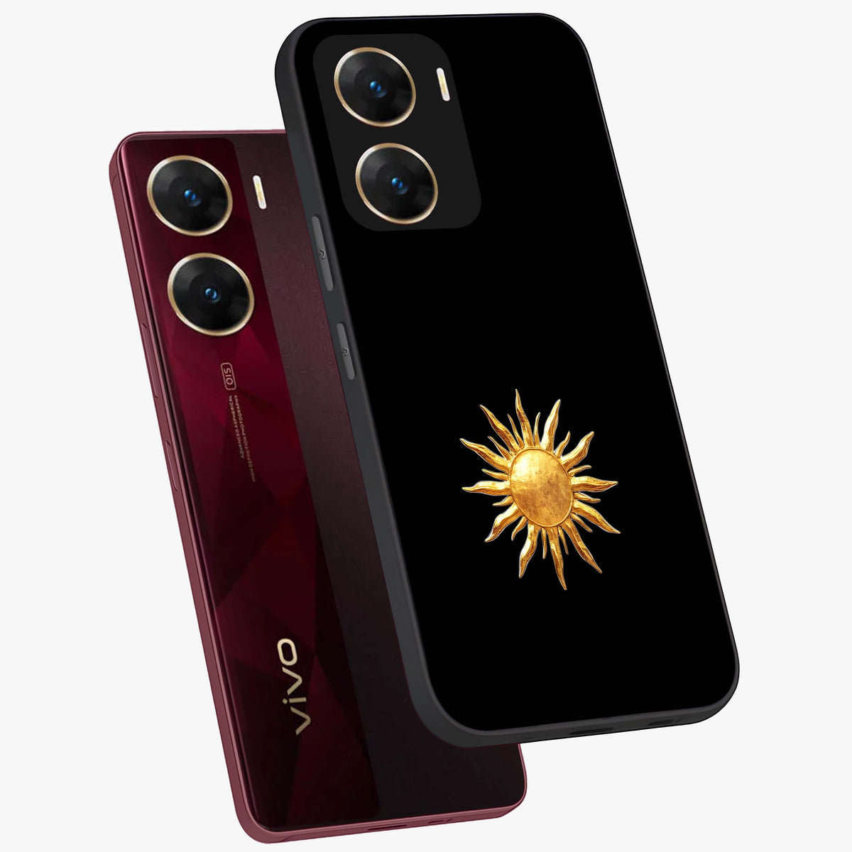 Golden Sun Minimalism Glass Case displayed in angled mockup highlighting eerie shadow illustration with gothic aesthetic.