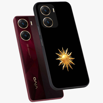 Golden Sun Minimalism Glass Case displayed in angled mockup highlighting eerie shadow illustration with gothic aesthetic.