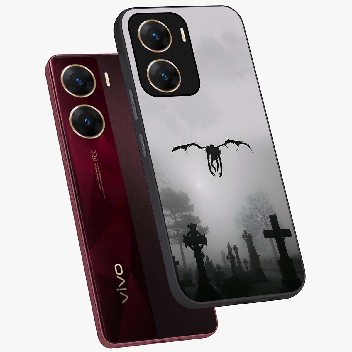 Graveyard Shadow Descent Glass Case displayed in angled mockup highlighting eerie shadow illustration with gothic aesthetic.