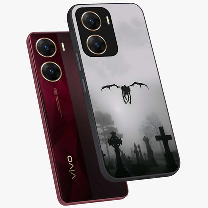 Graveyard Shadow Descent Glass Case displayed in angled mockup highlighting eerie shadow illustration with gothic aesthetic.