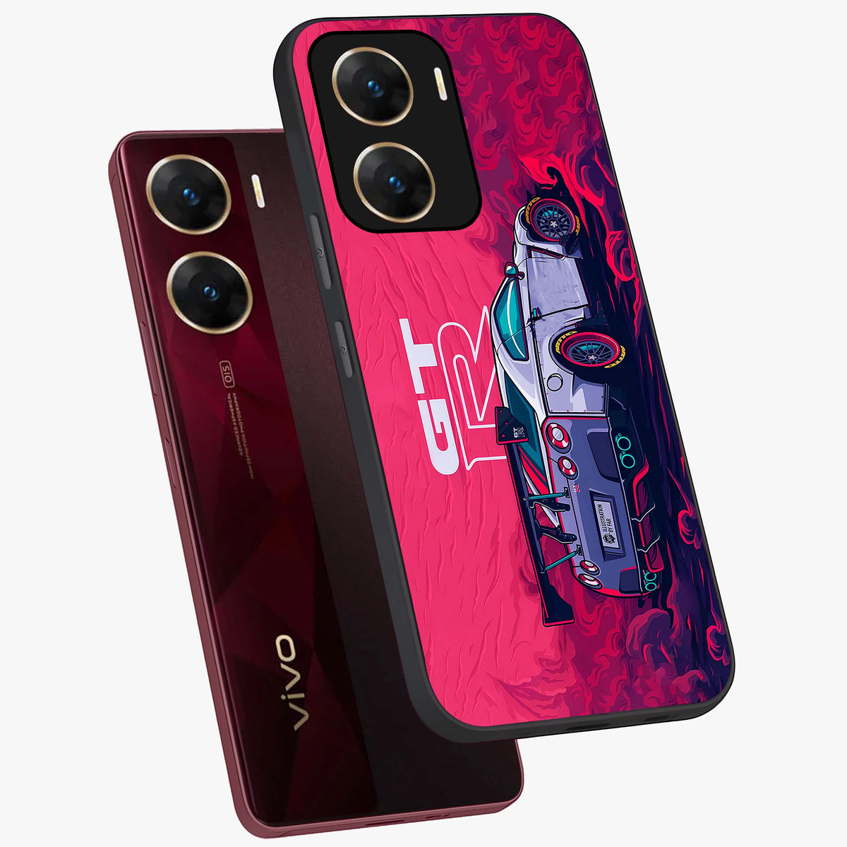 GT-R Car Pattern Glass Case displayed in angled mockup highlighting racing car graphic design with bold automotive aesthetic.