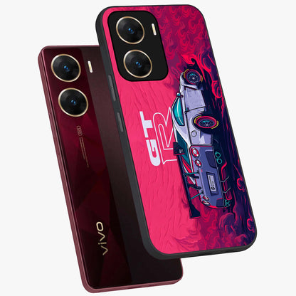 GT-R Car Pattern Glass Case displayed in angled mockup highlighting racing car graphic design with bold automotive aesthetic.