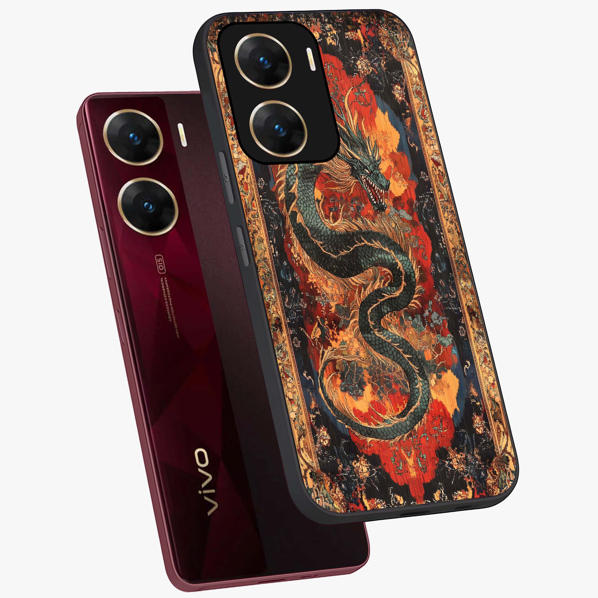 Inferno Dragon Soul Glass Case displayed in angled mockup highlighting powerful dragon illustration with inferno aesthetic.