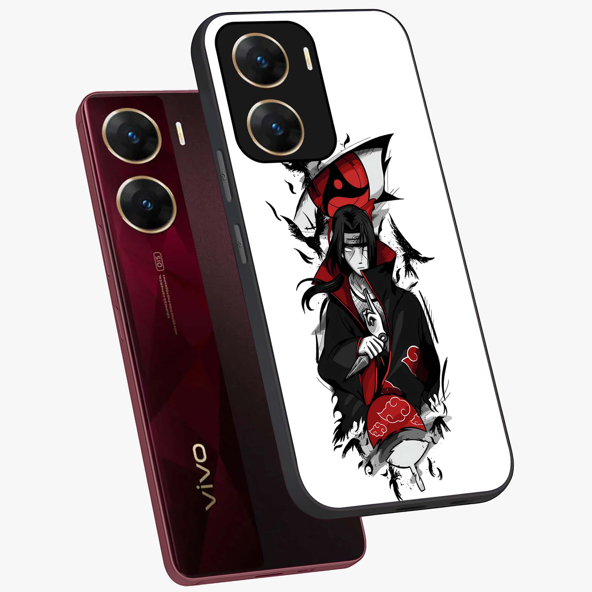 Itachi Limited Edition Naruto Anime Glass Case displayed in angled mockup highlighting dramatic anime illustration with bold action aesthetic.