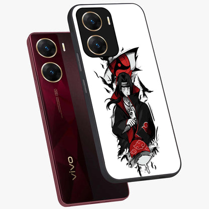 Itachi Limited Edition Naruto Anime Glass Case displayed in angled mockup highlighting dramatic anime illustration with bold action aesthetic.