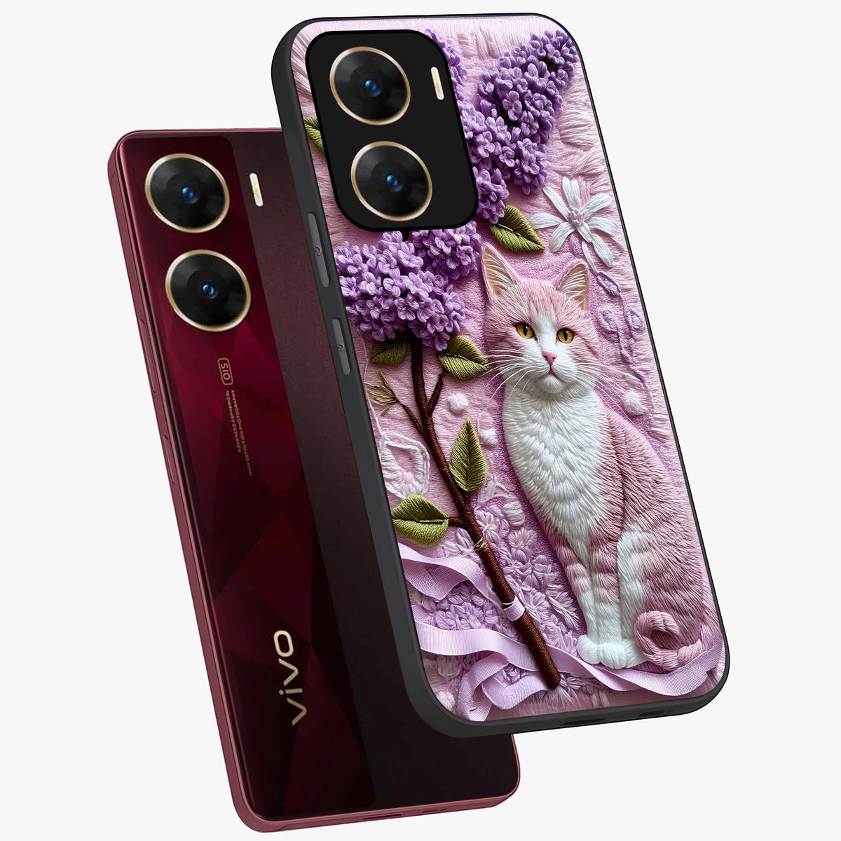 Lavender Cat Whimsy Glass Case displayed in angled mockup highlighting playful feline illustration with pastel lavender aesthetic.