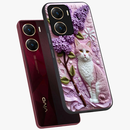 Lavender Cat Whimsy Glass Case displayed in angled mockup highlighting playful feline illustration with pastel lavender aesthetic.