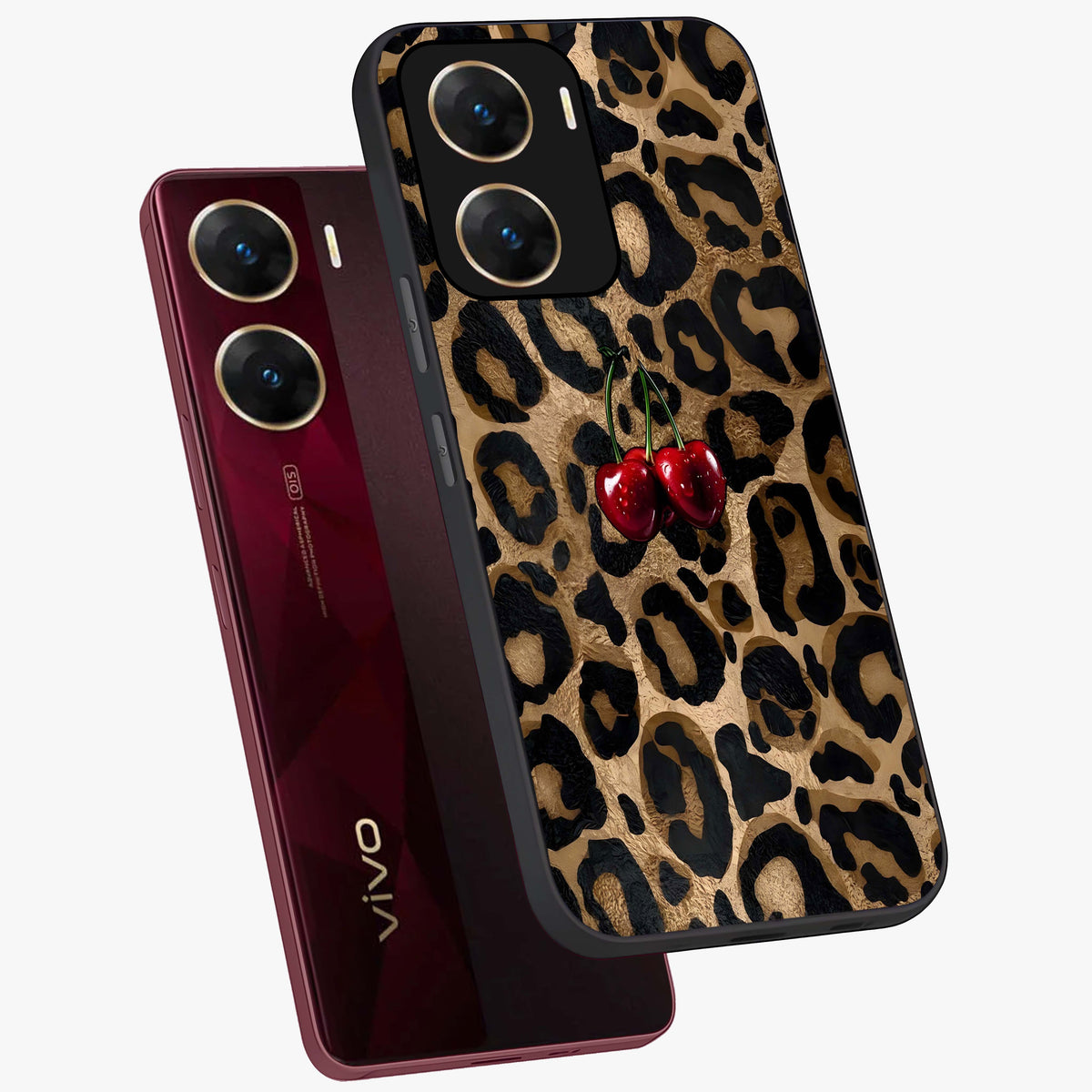 Leopard Wild Cherry Glass Case displayed in angled mockup highlighting bold animal print design with playful cherry aesthetic.