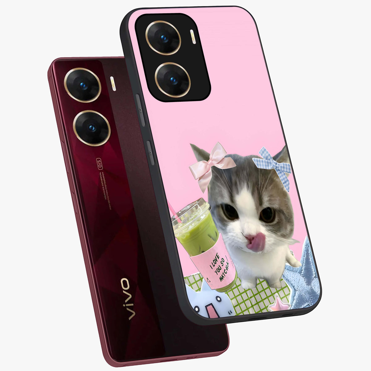 Love Matcha Cat Glass Case displayed in angled mockup highlighting playful feline illustration with cozy matcha aesthetic.
