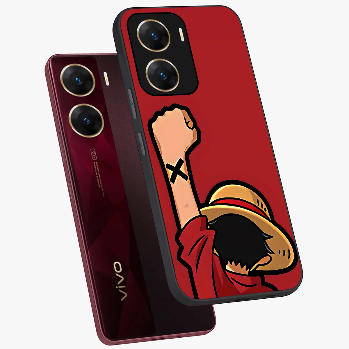 Luffy X Spirit Glass Case displayed in angled mockup highlighting powerful anime design with energetic action aesthetic.