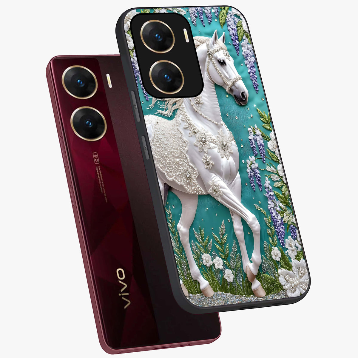 Majestic Floral Stallion Glass Case displayed in angled mockup highlighting majestic stallion illustration with elegant floral aesthetic.