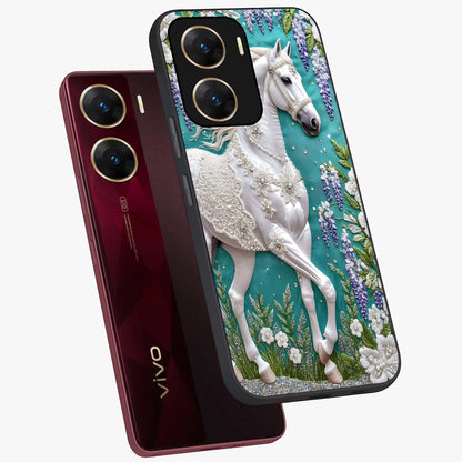 Majestic Floral Stallion Glass Case displayed in angled mockup highlighting majestic stallion illustration with elegant floral aesthetic.