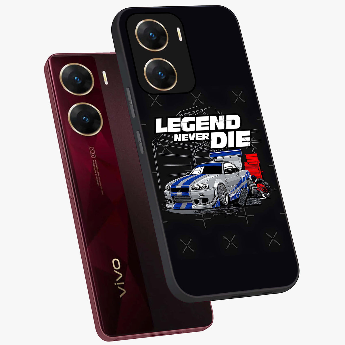 Midnight Racing Legacy Glass Case displayed in angled mockup highlighting dynamic automotive design with bold midnight aesthetic.