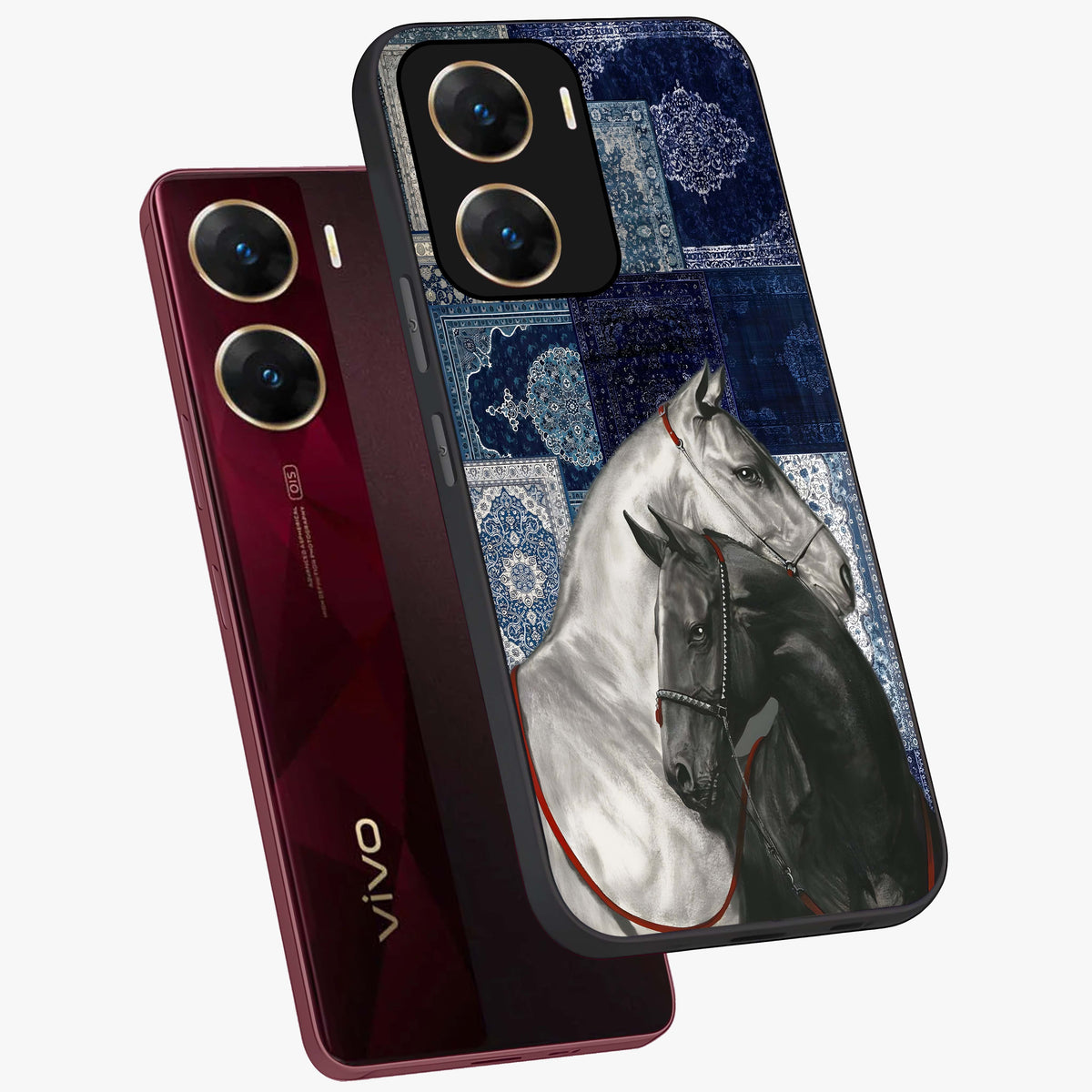 Midnight Stallion Blues Glass Case displayed in angled mockup highlighting powerful stallion illustration with deep midnight tones.