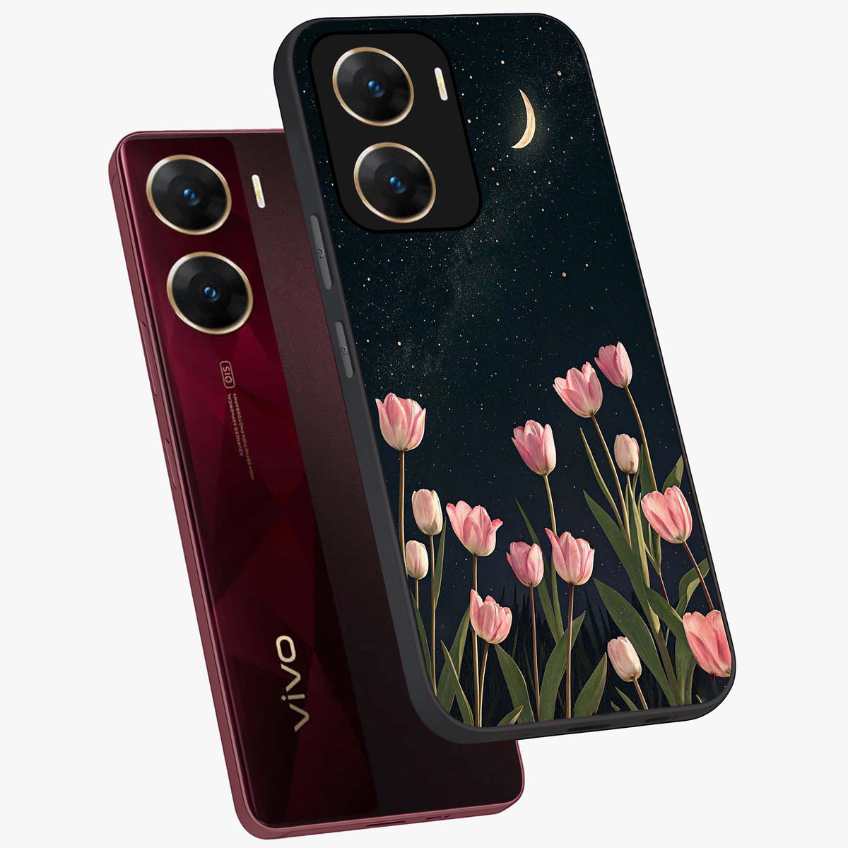 Midnight Tulip Whispers Vibe Glass Case displayed in angled mockup highlighting delicate tulip design with midnight floral aesthetic.