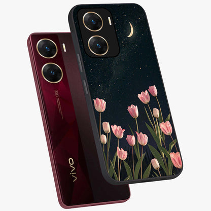 Midnight Tulip Whispers Vibe Glass Case displayed in angled mockup highlighting delicate tulip design with midnight floral aesthetic.
