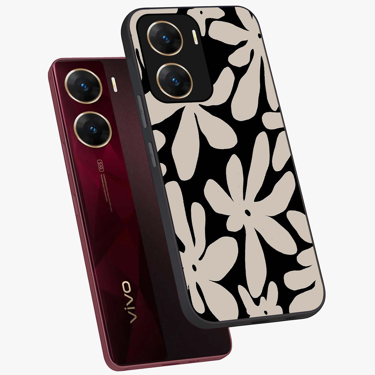 Monochrome Petal Dance Glass Case displayed in angled mockup highlighting elegant petal design with black and white aesthetic.